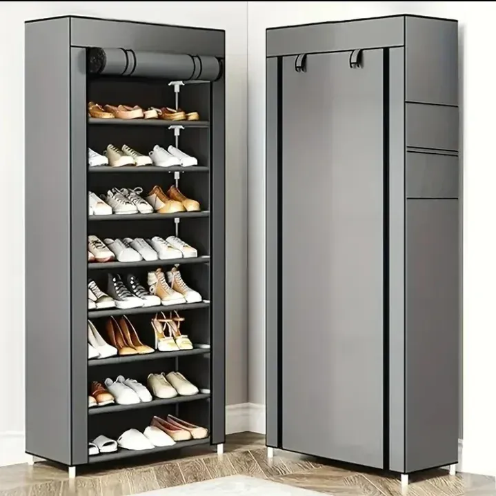 27-Pair Portable Shoe Storage Cabinet – Dust-Proof Organizer with Side Pockets Gray - Image 4