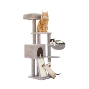 Multi-Level Cat Tree Tower with Cozy Cave, Scratching Posts & Washable Perch – Light Gray