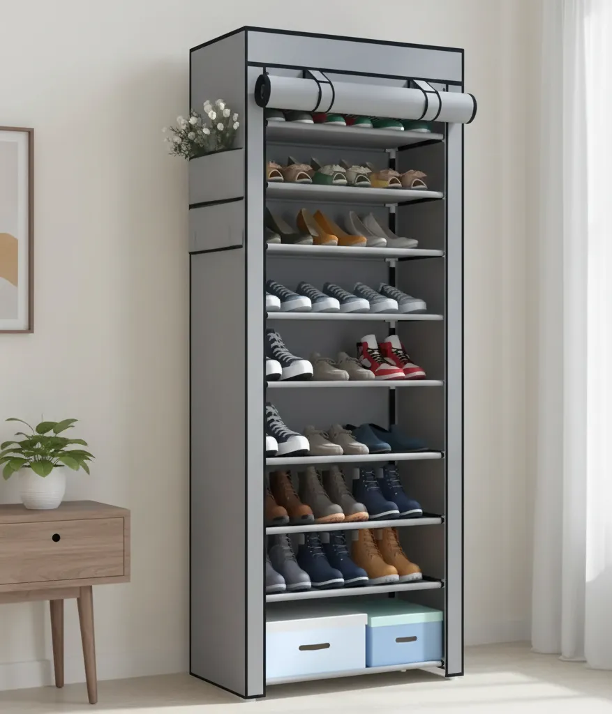 27-Pair Portable Shoe Storage Cabinet – Dust-Proof Organizer with Side Pockets Gray - Image 2