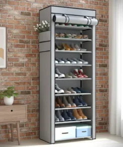 27-Pair Portable Shoe Storage Cabinet – Dust-Proof Organizer with Side Pockets Gray