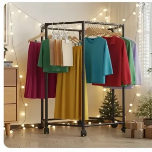 Space-saving, 360° rotating heavy-duty garment tower.