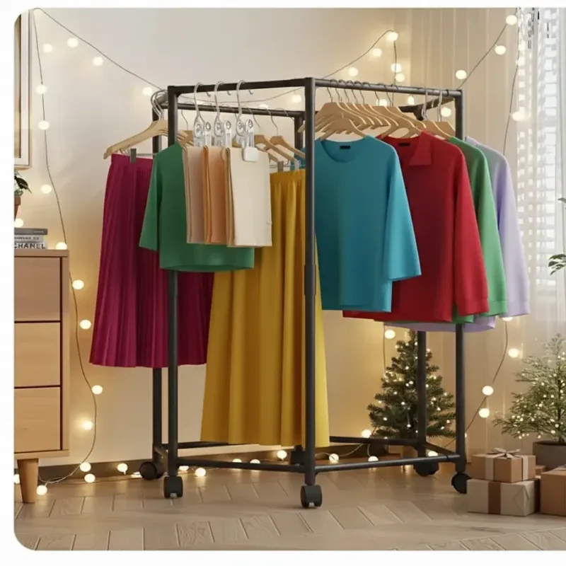 Space-saving, 360° rotating heavy-duty garment tower.