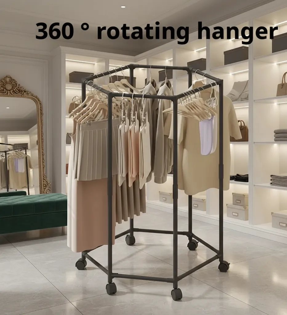 360° Rotating Hexagonal Clothes Rack | 150lb Capacity | Rolling Utility Hanger - Image 4