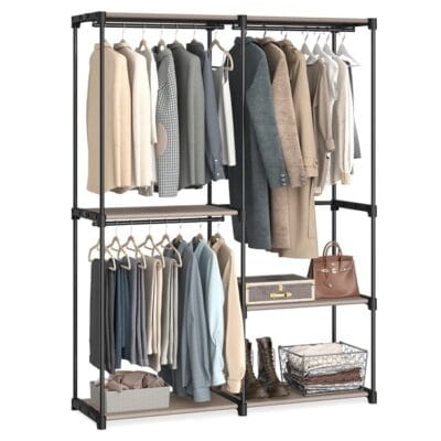 Freestanding Portable Closet Organizer Garment Rack with Triple Hanging Rods – Black