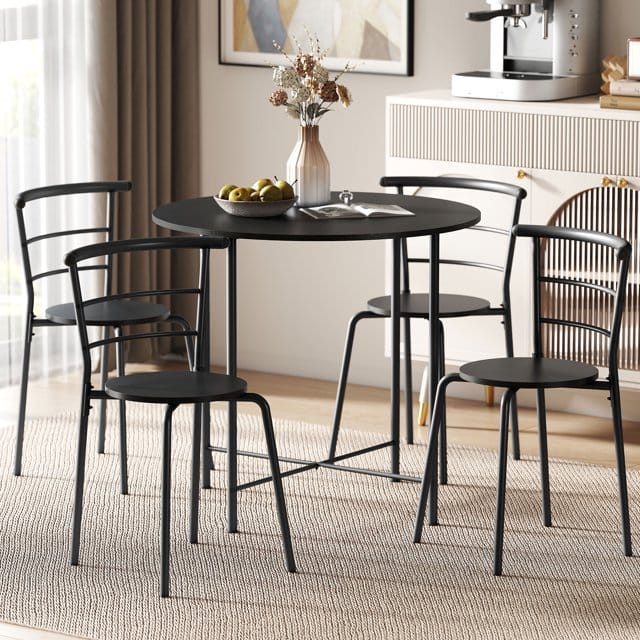 Compact 5-Piece Round Dining Set – Space-Saving Industrial Table with 4 Curved Back Chairs - Image 2