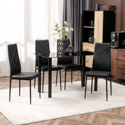 Modern 5-Piece Dining Table Set – Glass Top Table with 4 Cushioned PU Leather Chairs