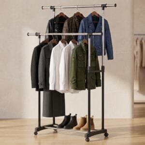 Heavy-Duty Rolling Double-Rod Garment Rack (Adjustable Height & Width)