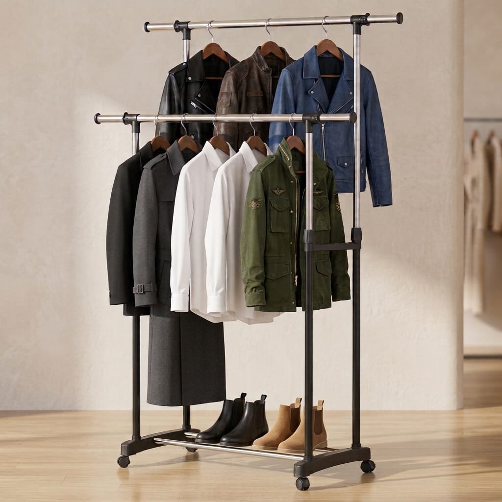 Heavy-Duty Rolling Double-Rod Garment Rack (Adjustable Height & Width)