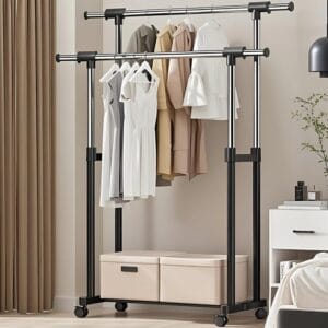 Heavy-Duty Rolling Double-Rod Garment Rack (Adjustable Height & Width)