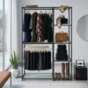 Freestanding Portable Closet Organizer Garment Rack with Triple Hanging Rods – Black