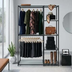Freestanding Portable Closet Organizer Garment Rack with Triple Hanging Rods – Black