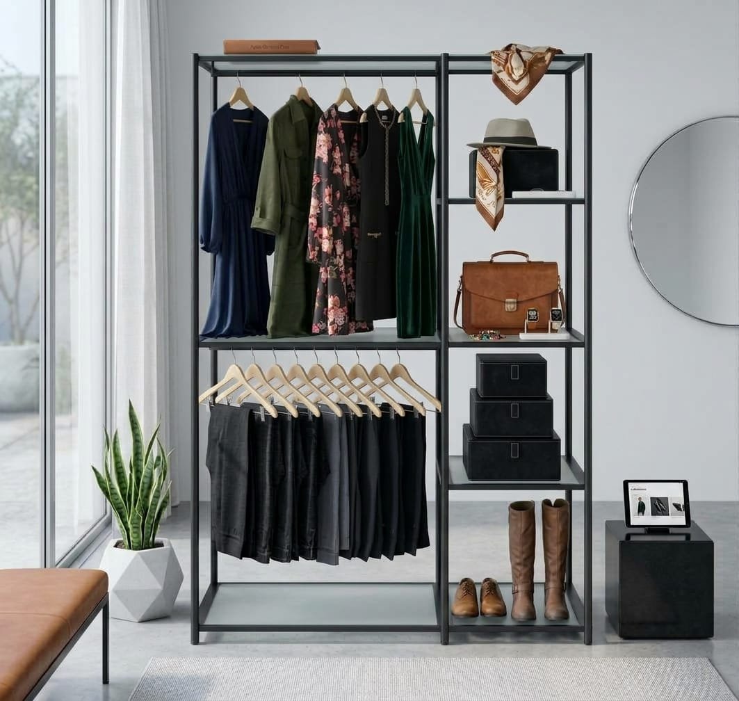 Freestanding Portable Closet Organizer Garment Rack with Triple Hanging Rods – Black